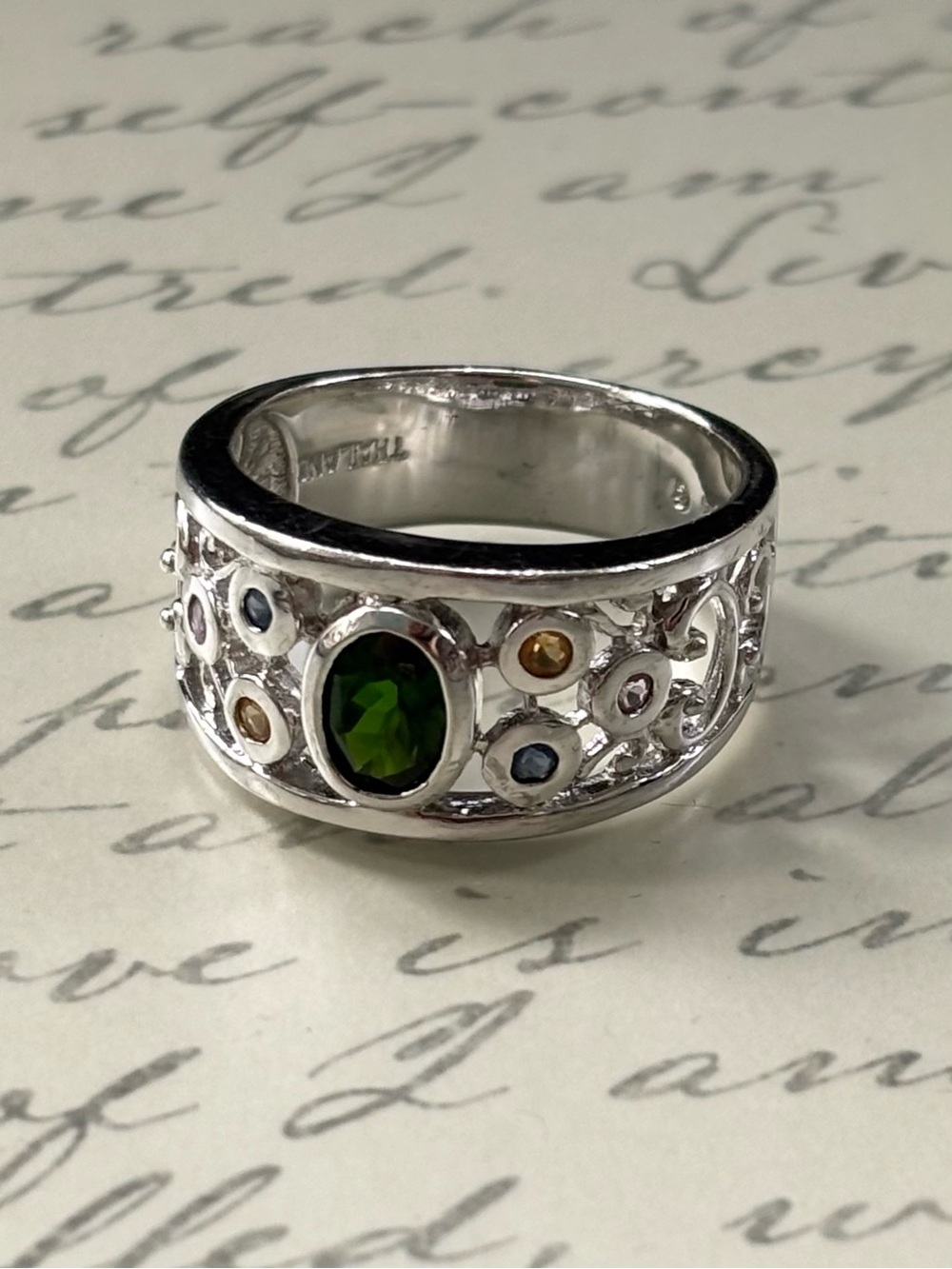 925 Sterling Silver Multi Gemstone Wide Band Ring